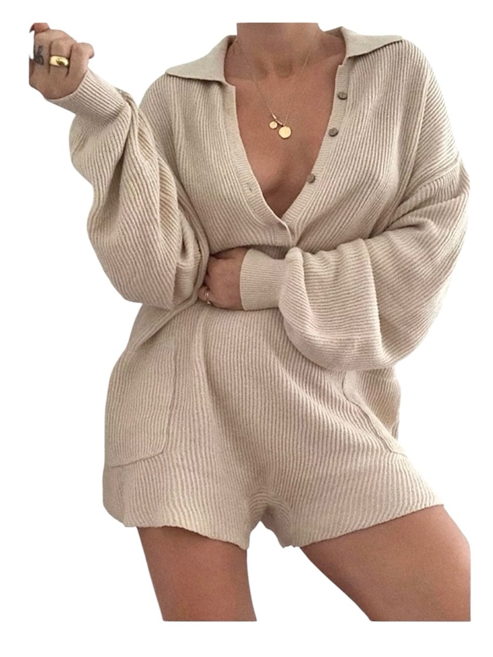Free People Beach Picnic Sweater Romper Oversized Neutral Knit One Piece Size S